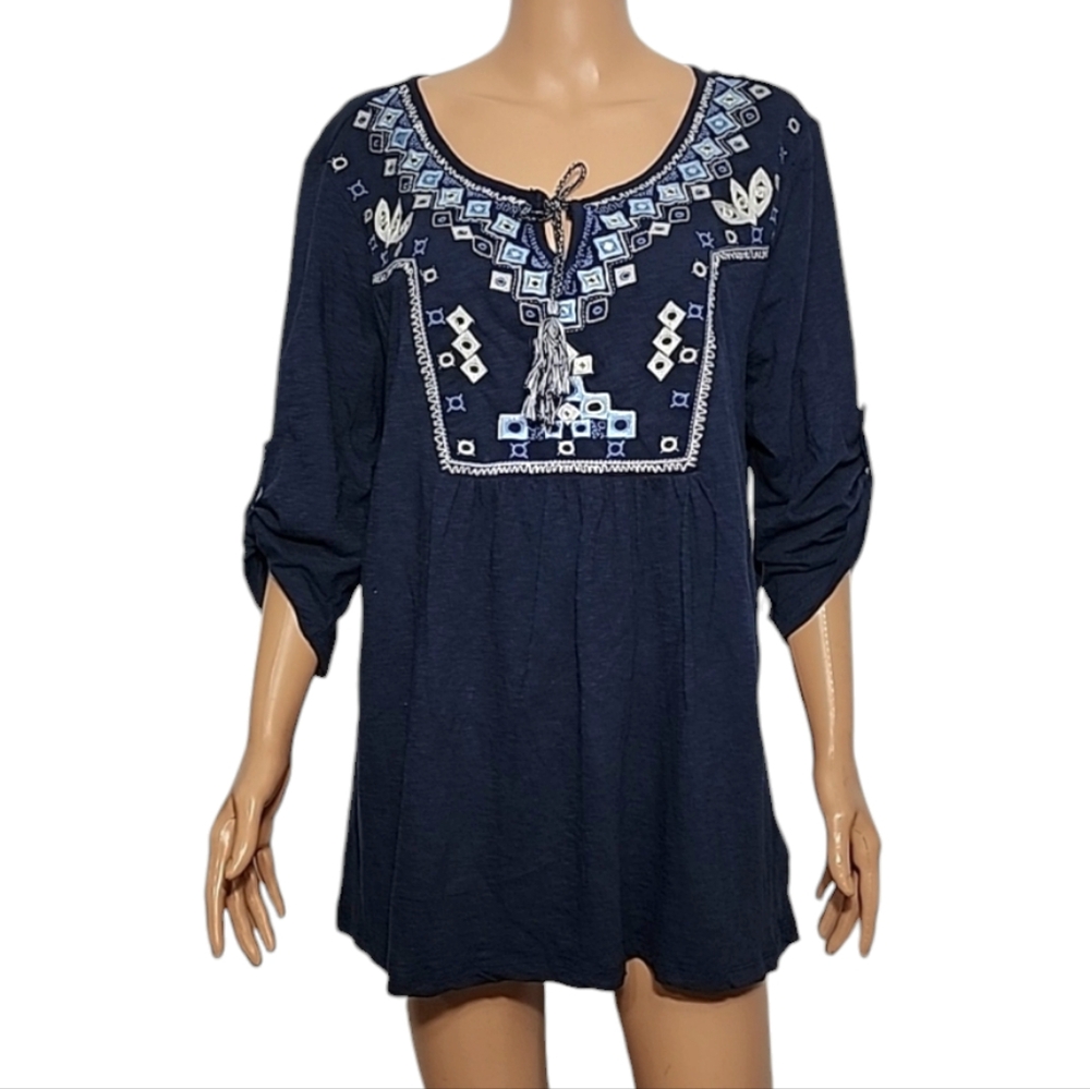 Style‎ & Co Womens Top Tunic Roll-up Sleeve Blouse Navy Blue Plus Size XXL